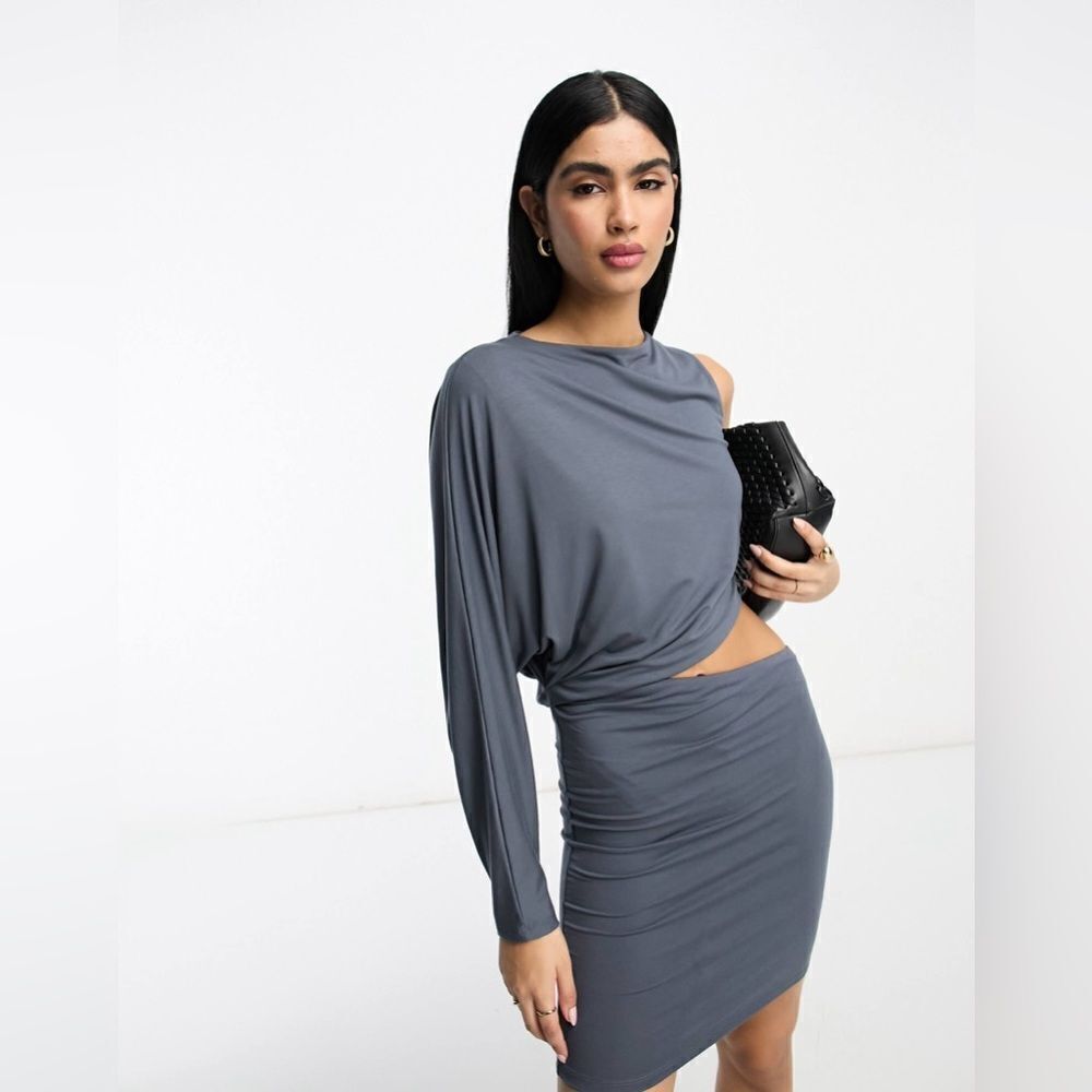 ASOS DESIGN one sleeve mini tee dress with cut out waist in slate gray